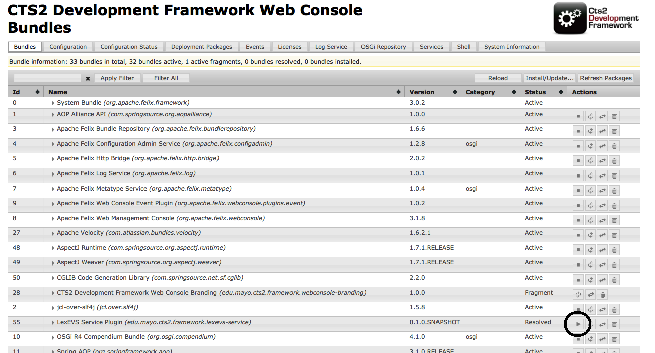CTS2 Development Framework Web Console Bundles screen with LexEVS Service Plugin highlighted