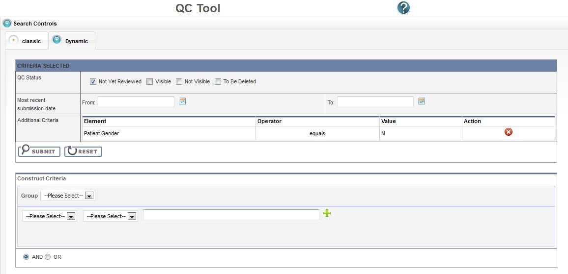 QC Tool Dynamic Search screen