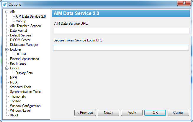 AIM Options opened to the AIM Data Service 2.0 tab