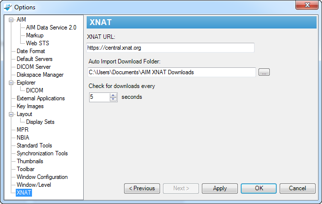 XNAT options include XNAT URL, Auto Import Download Folder, and the number of seconds to check for downloads