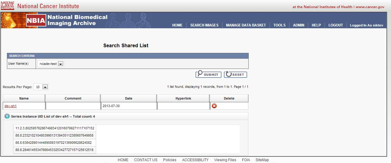Shared list interface in NBIA 6.0