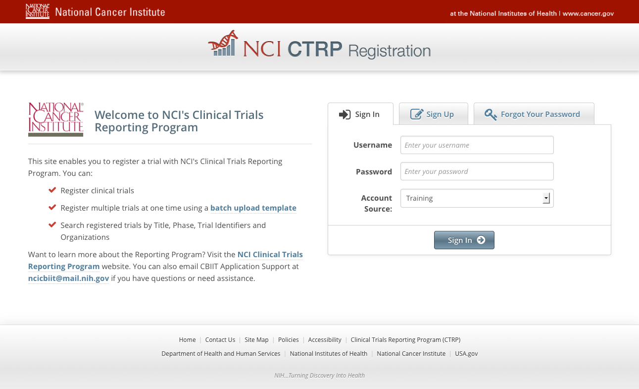 CTRP Registry home page