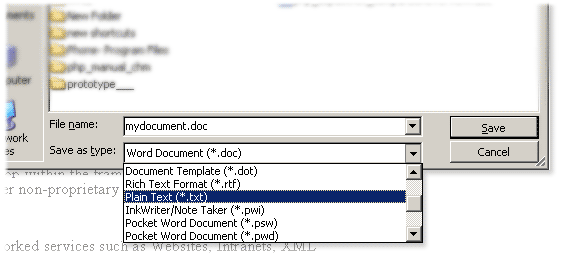 Plain Text option in the File Name field of the Save As dialog box.