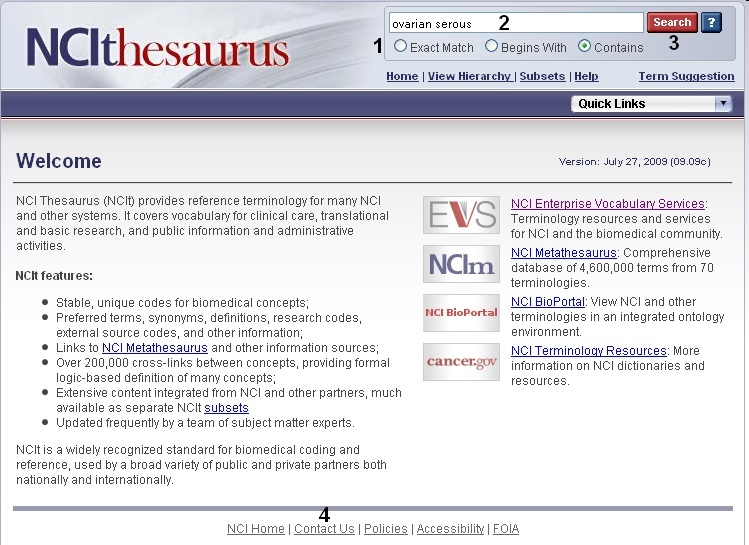 NCI Thesaurus Search Page screen shot