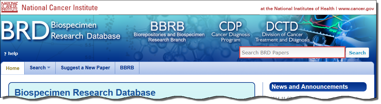 BRD home page highlighting the Search BRD papers box