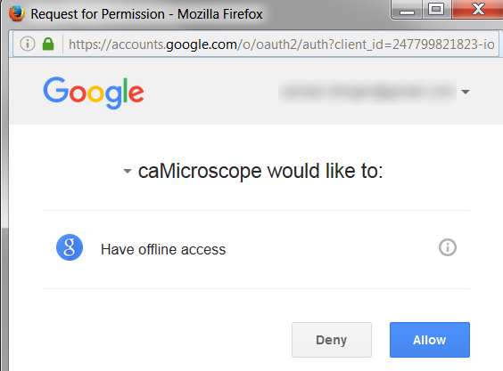 Google Offline Access Request page. caMicroscope would like to have offline access. Deny or Allow.