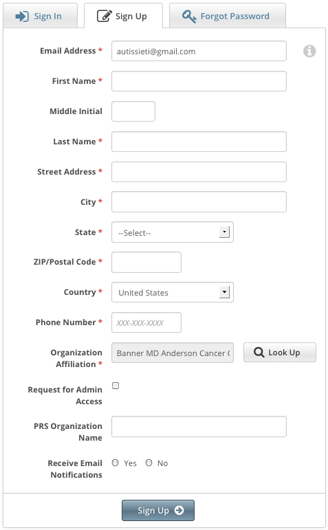 Sign Up tab with fields for creating an account