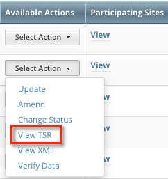 In the Available Actions column, Select Action menu showing the View TSR option
