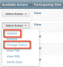 In the Available Actions column, Select Action menu showing the Change Status option