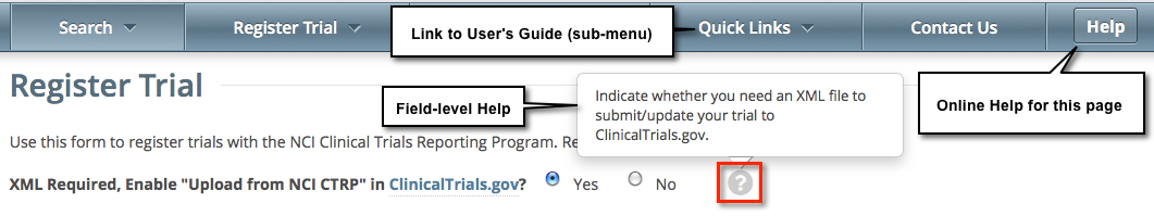 Register Trial page annotated to show field-, page-, and application-level online help