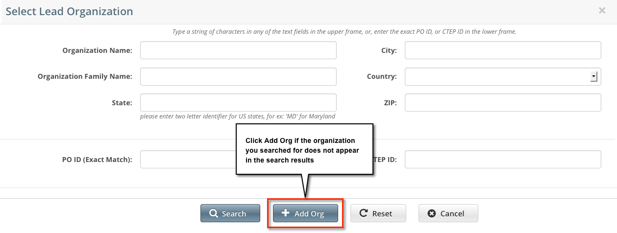 Select Lead Organization page with annotations showing Add Org button