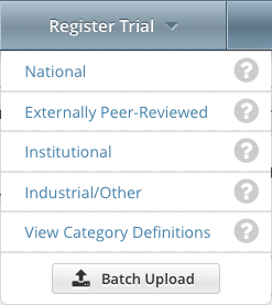 Register Trial menu with trial submission categories