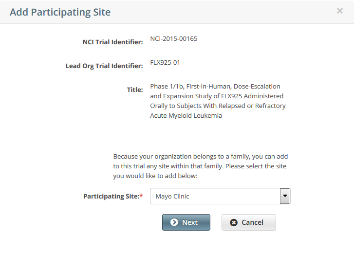 Add Participating Site page, on which you can select an organization for imported trial record