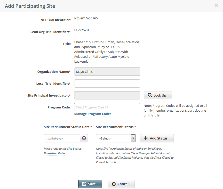 Add Participating Site page, on which you can give details about the site for imported trial record