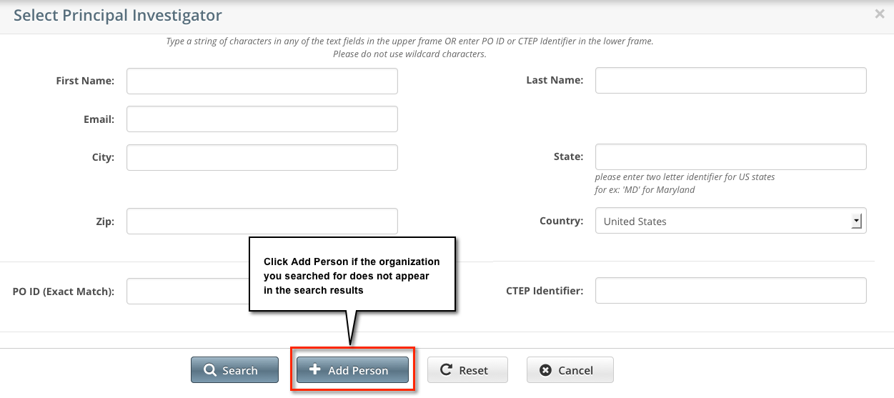 Select Principal Investigator page with annotations showing Add Person button