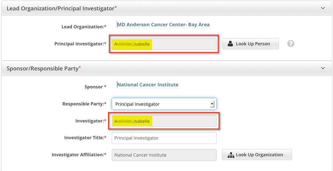 Sponsor Responsible Party section, showing link, principal investigator and responsible party