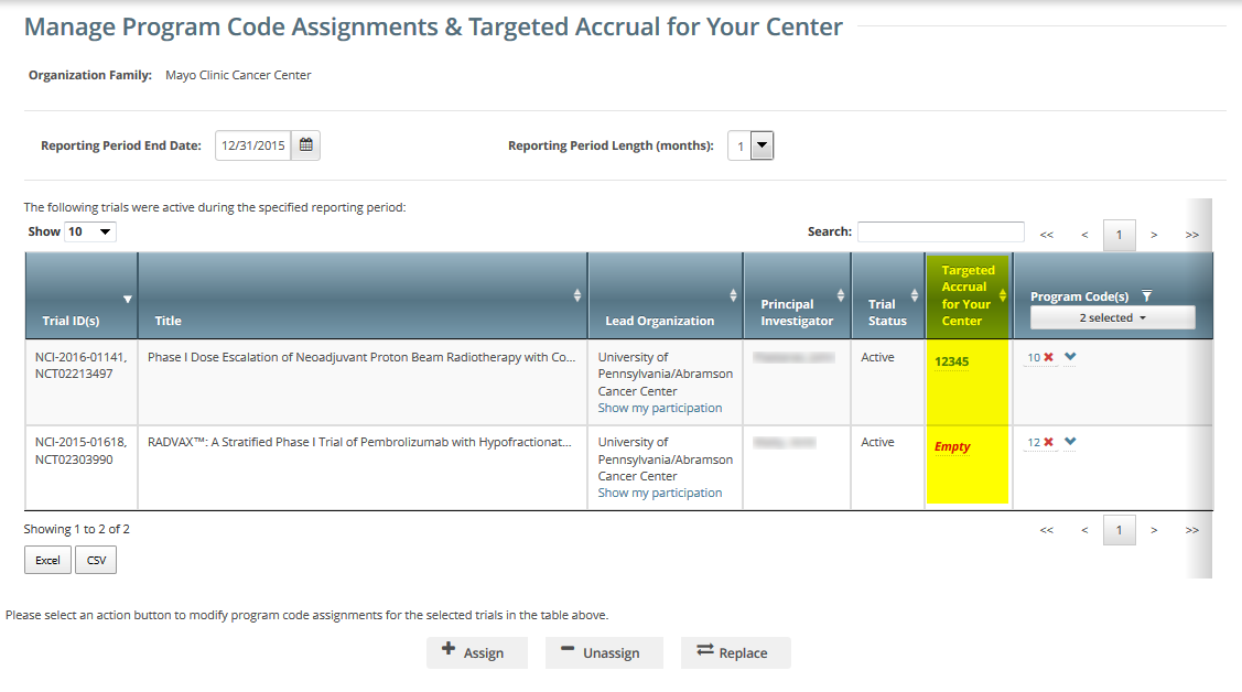 The Manage Program Code Assignment and Targeted Accrual for Your Center page, annotated