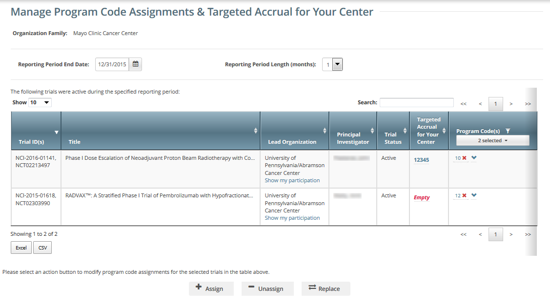 The Manage Program Code Assignment and Targeted Accrual for Your Center page