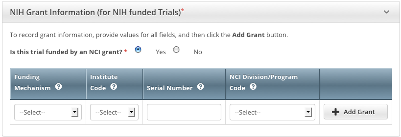 NIH Grant Information section of the Register Trial page