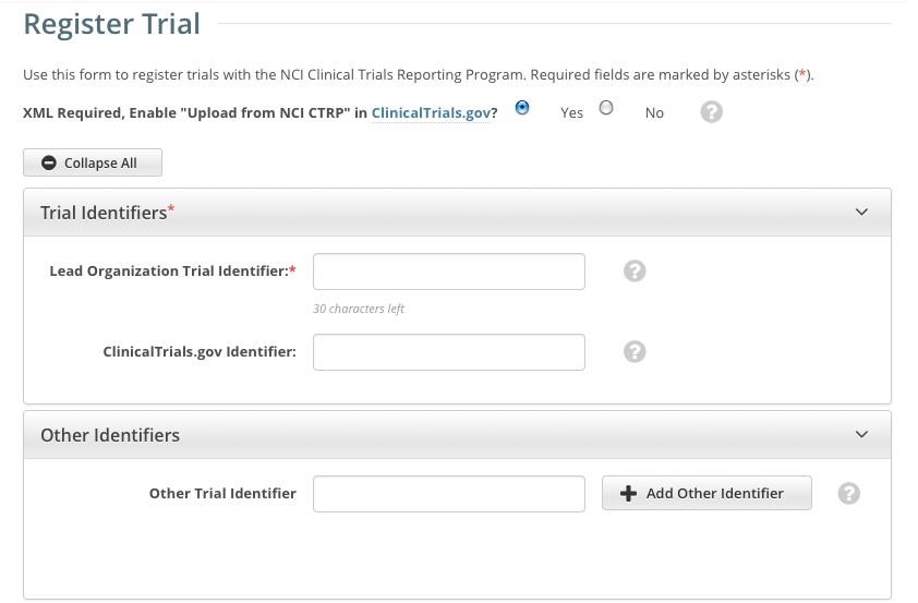 Upper portion of the Register Trial page
