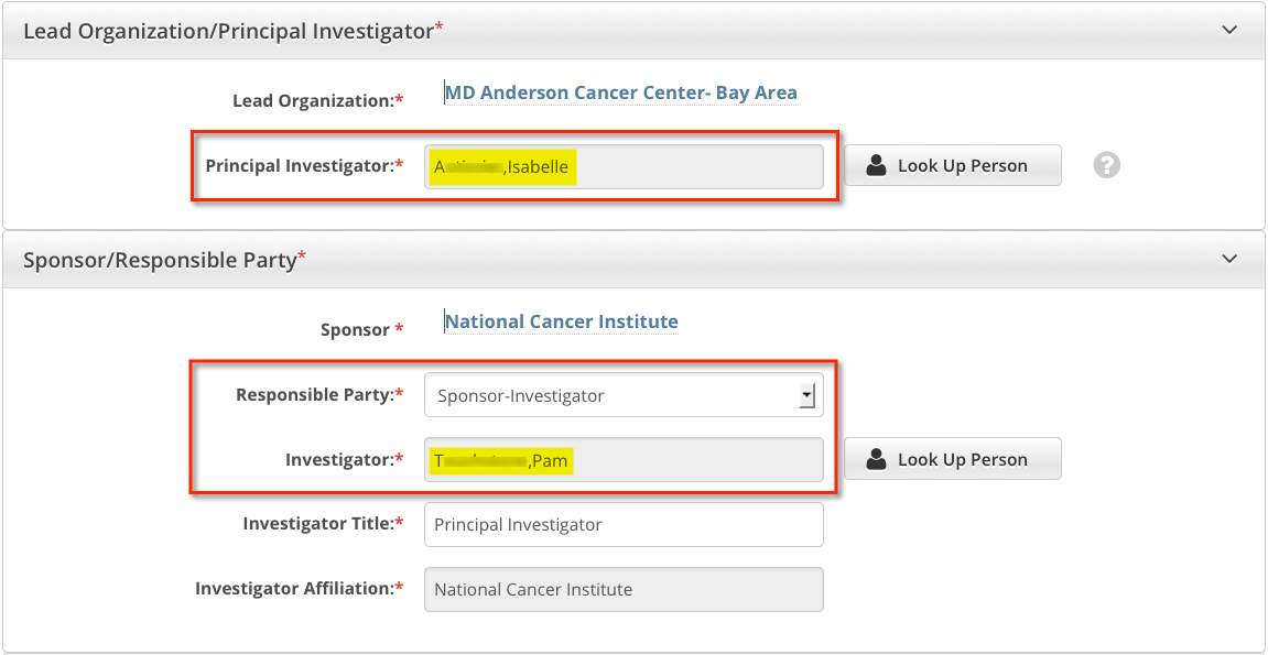 Sponsor Responsible Party section, showing link, principal investigator and sponsor-investigator