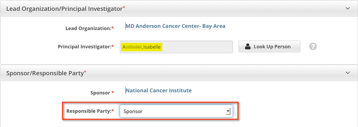 Sponsor Responsible Party section with fields for Sponsor