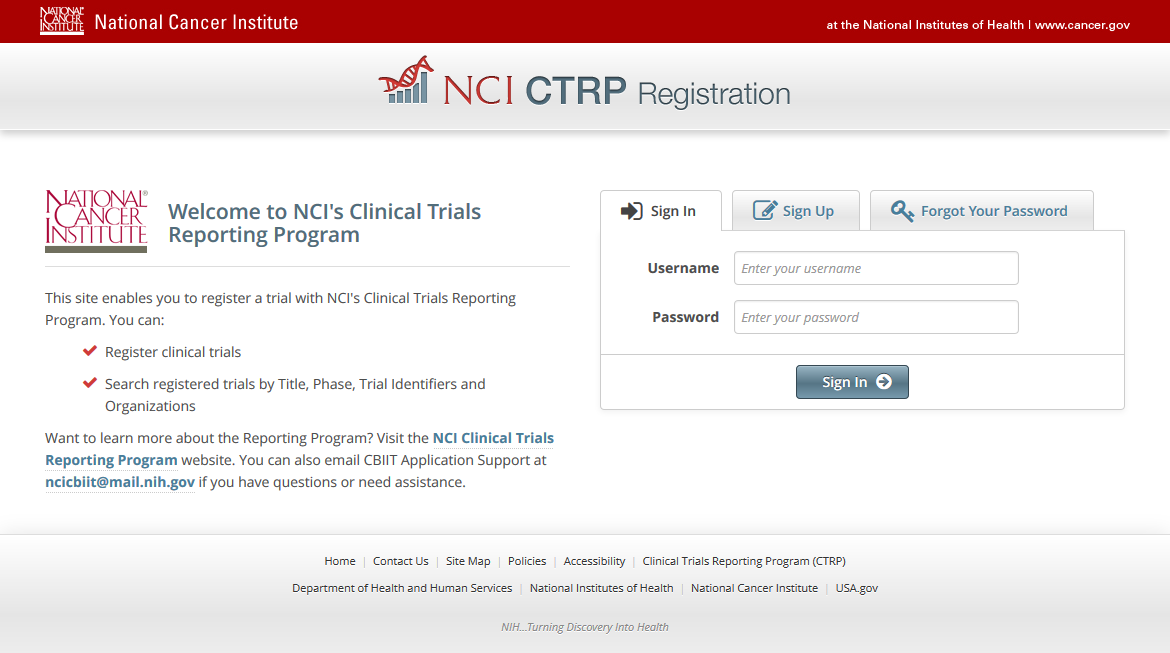 CTRP Registration home page