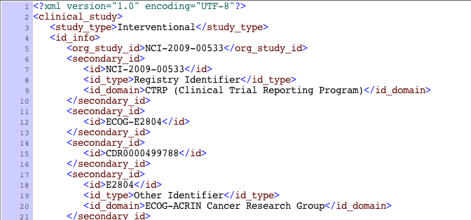 The top portion of an example XML file