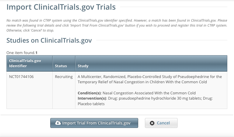 Import ClinicalTrials.gov Trials page listing one NCT trial record found