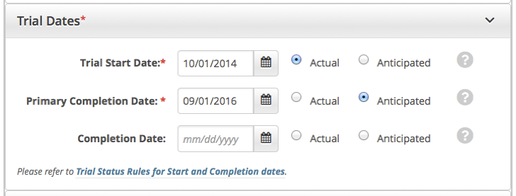 Trial Dates section of the Register Trial page