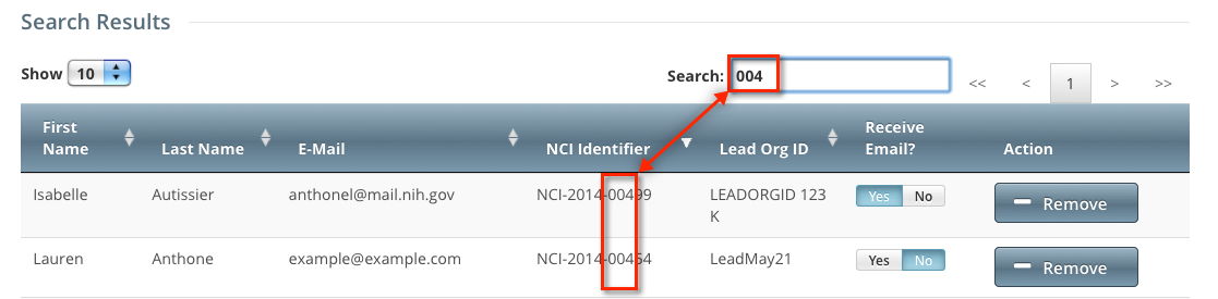 Clinical Trials Search Results page filtered to show a subset of the results list