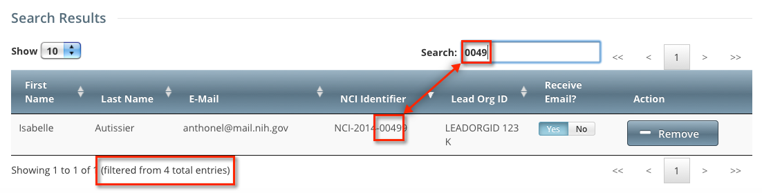 Clinical Trials Search Results page filtered to show a narrower subset of the results list