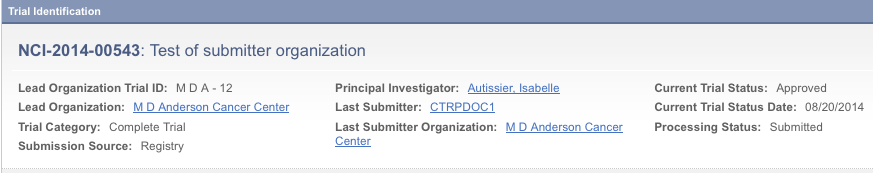 Trial Identification page showing Last Submitter and Last Submitter Organization
