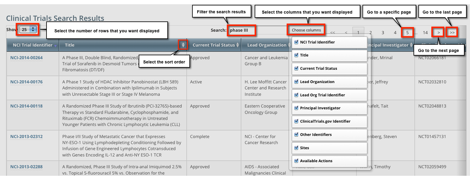 Clinical Trials Search Results page showing choices for columns and number of rows