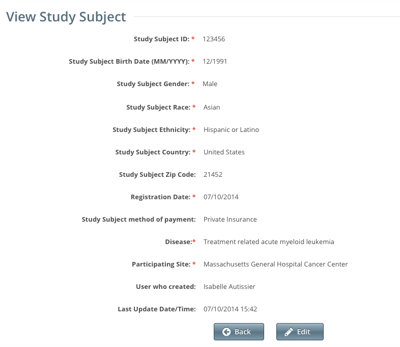 View Study Subject page listing recorded subject details