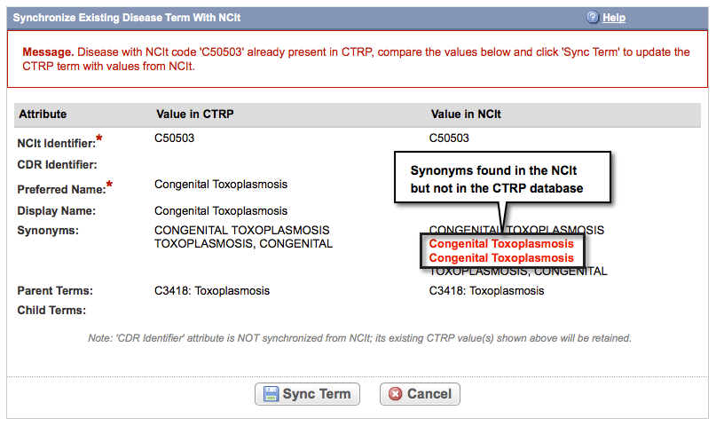 Synchronize Existing Disease Term with NCIt page, annotated to indicate differences found