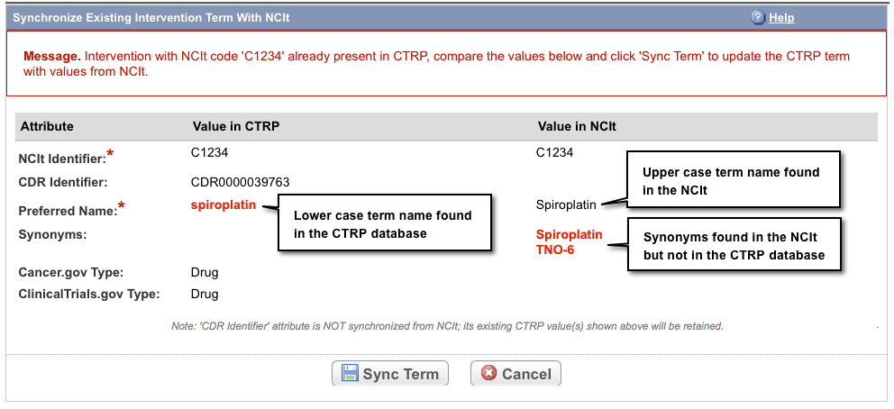 Synchronize Existing Intervention Term with NCIt page, annotated to indicate differences found