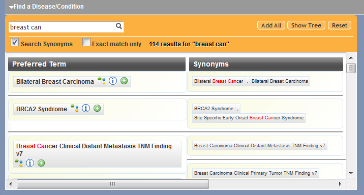 Find a Disease Condition section with search results and synonyms