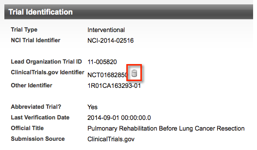 Trial Identification page annotated to show the Delete icon for a rejected trial