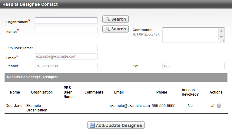 Results Designee Contact section with a contact assigned