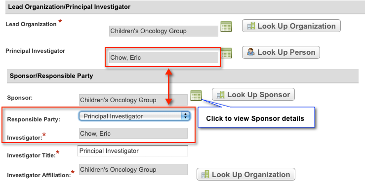 Sections of General Trial Details page showing link, principal investigator and responsible party
