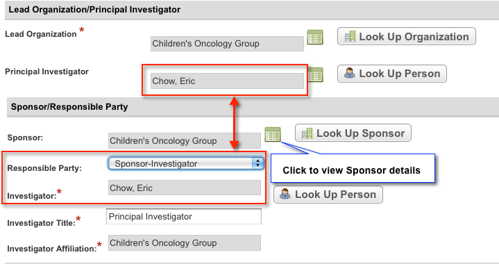 Sections of General Trial Details page showing link, principal investigator and responsible party