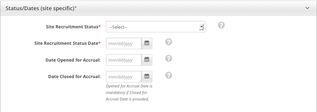Status Dates section of Register Trial page