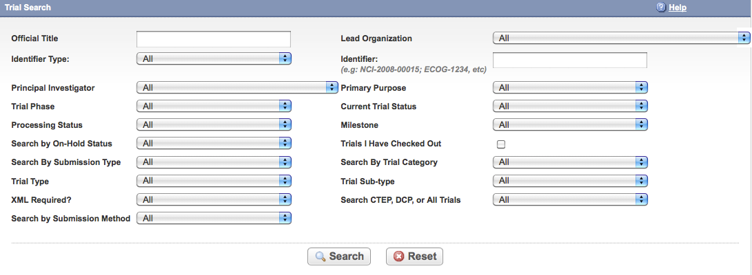 Trial Search page displaying fields for all search criteria