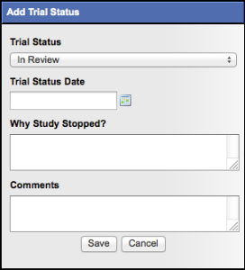 Add Trial Status dialog box