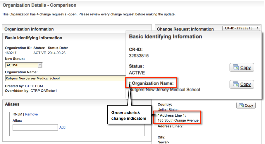 Organization Details - Comparison page annotated to highlight green asterisks, changed values