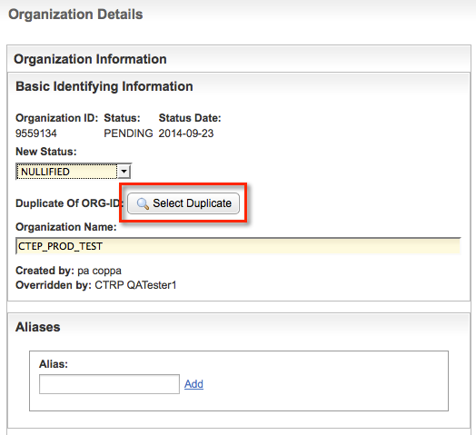 Top portion of the Organization Details page annotated to indicate Select Duplicate button