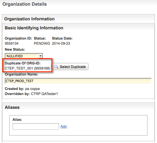 Top portion of the Organization Details page annotated to indicate Duplicate of ORG-ID field