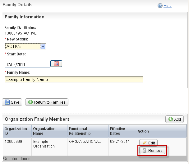 Family Details page annotated to indicate the Remove button for a member organization