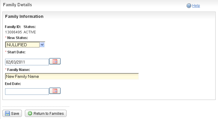 Family Details page with Nullified status and End Date field